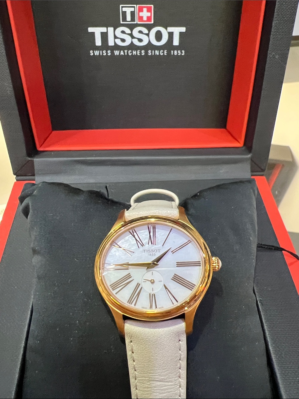 Tissot Ladies Rose Gold Case with White Leather Strap Watch